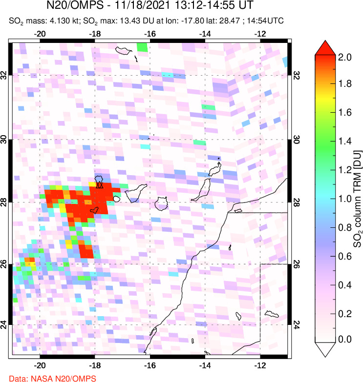 A sulfur dioxide image over Canary Islands on Nov 18, 2021.