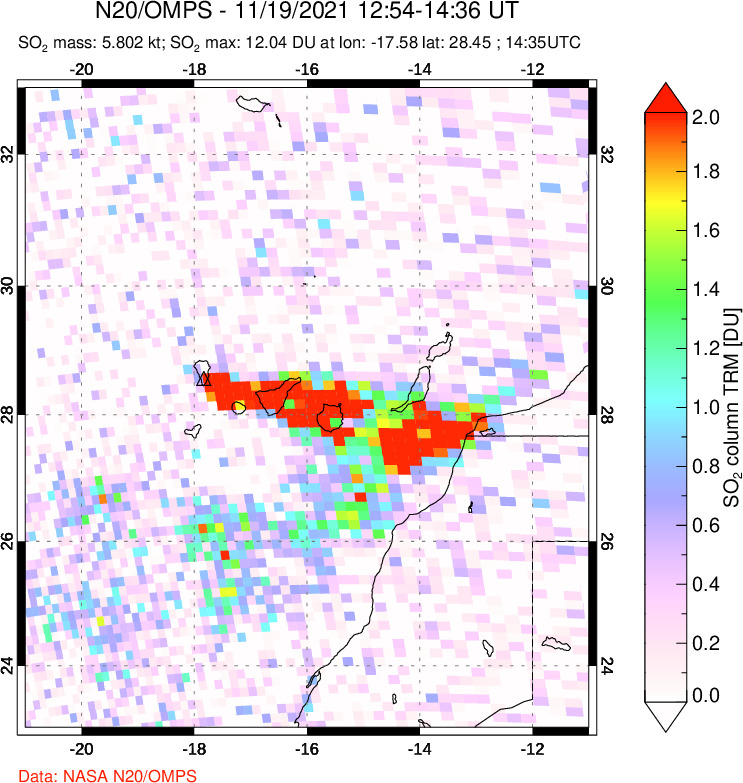 A sulfur dioxide image over Canary Islands on Nov 19, 2021.