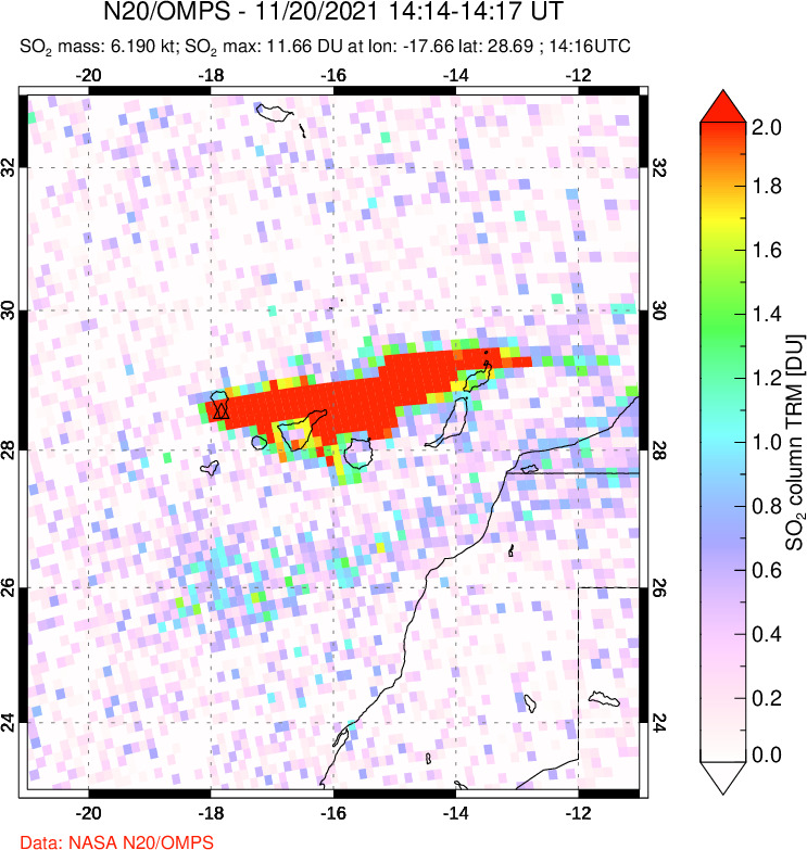 A sulfur dioxide image over Canary Islands on Nov 20, 2021.