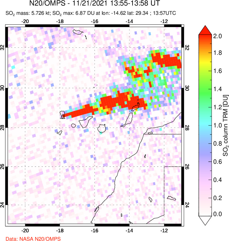 A sulfur dioxide image over Canary Islands on Nov 21, 2021.