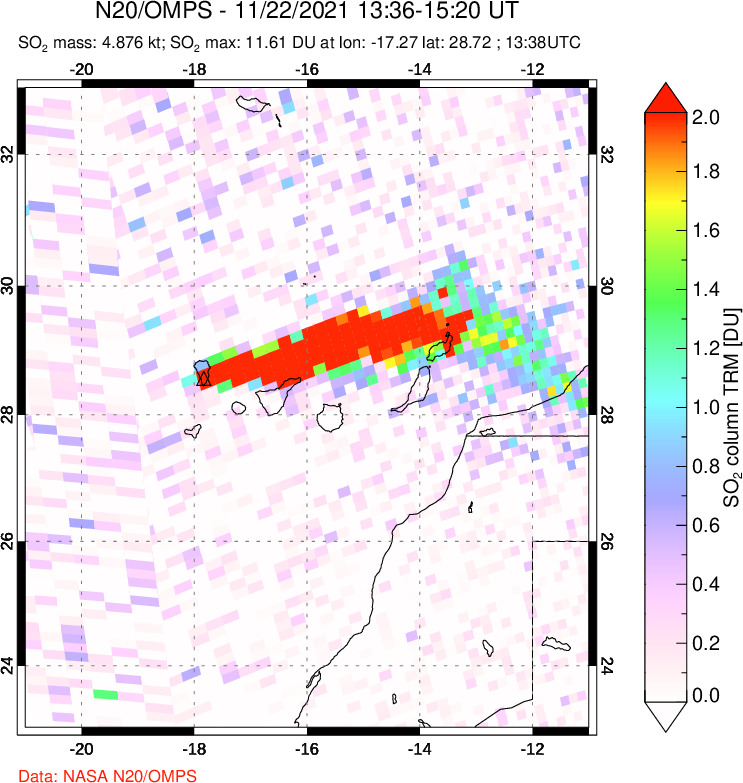 A sulfur dioxide image over Canary Islands on Nov 22, 2021.