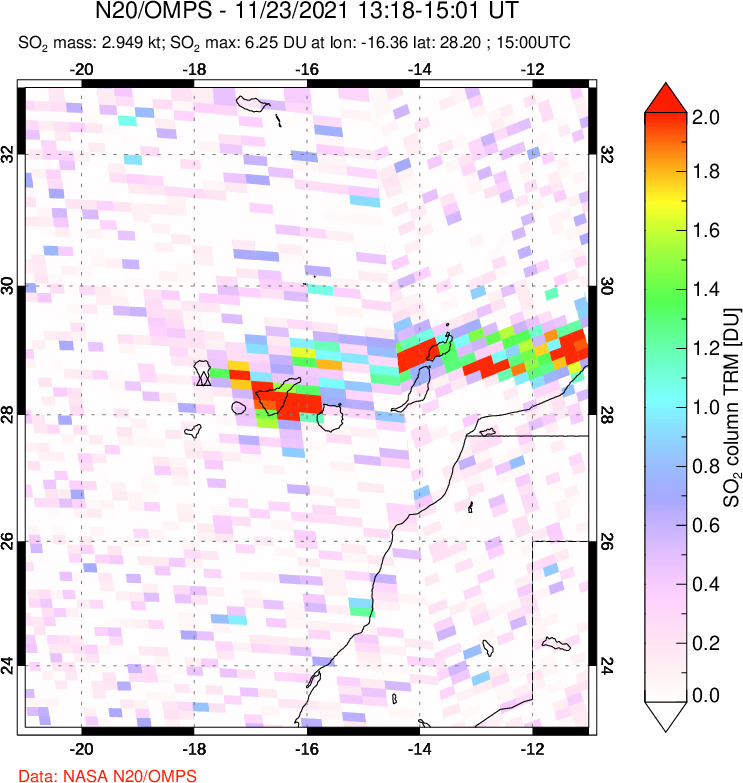 A sulfur dioxide image over Canary Islands on Nov 23, 2021.