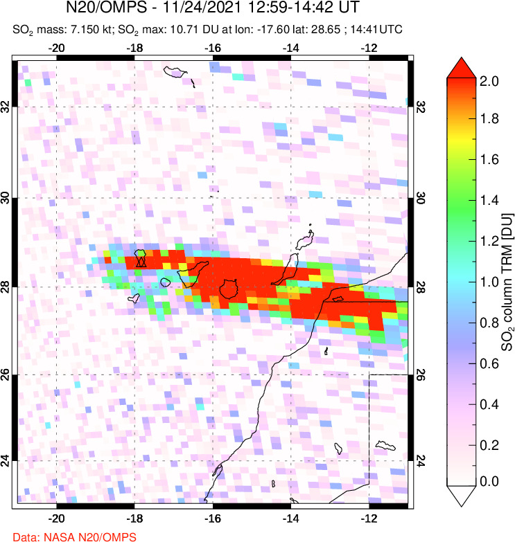 A sulfur dioxide image over Canary Islands on Nov 24, 2021.