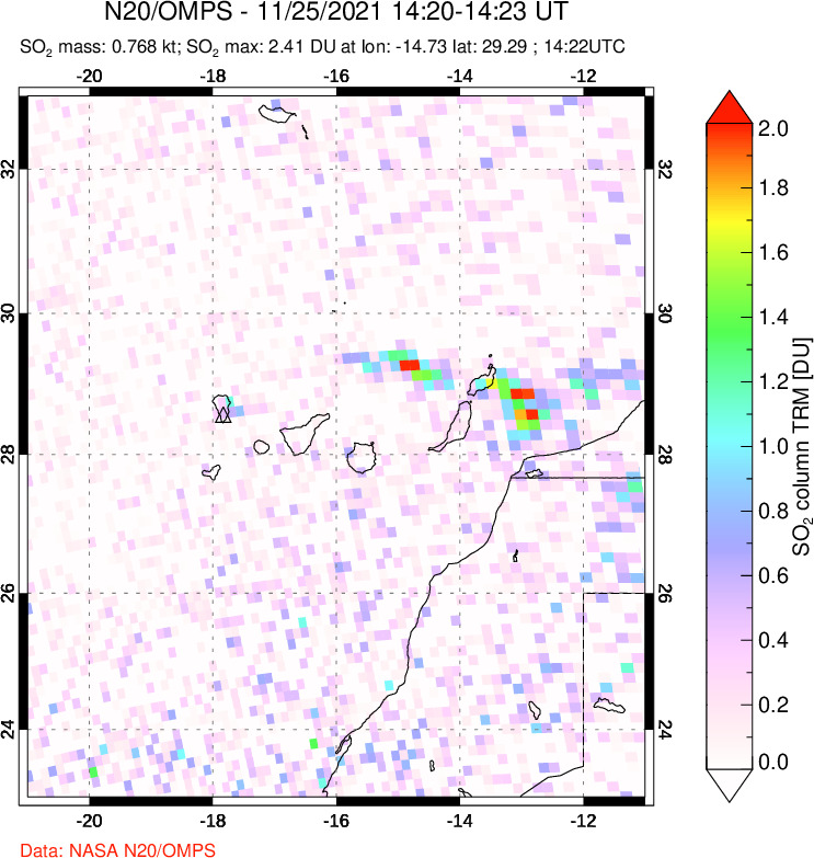 A sulfur dioxide image over Canary Islands on Nov 25, 2021.