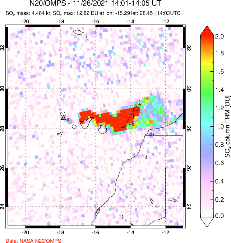 A sulfur dioxide image over Canary Islands on Nov 26, 2021.