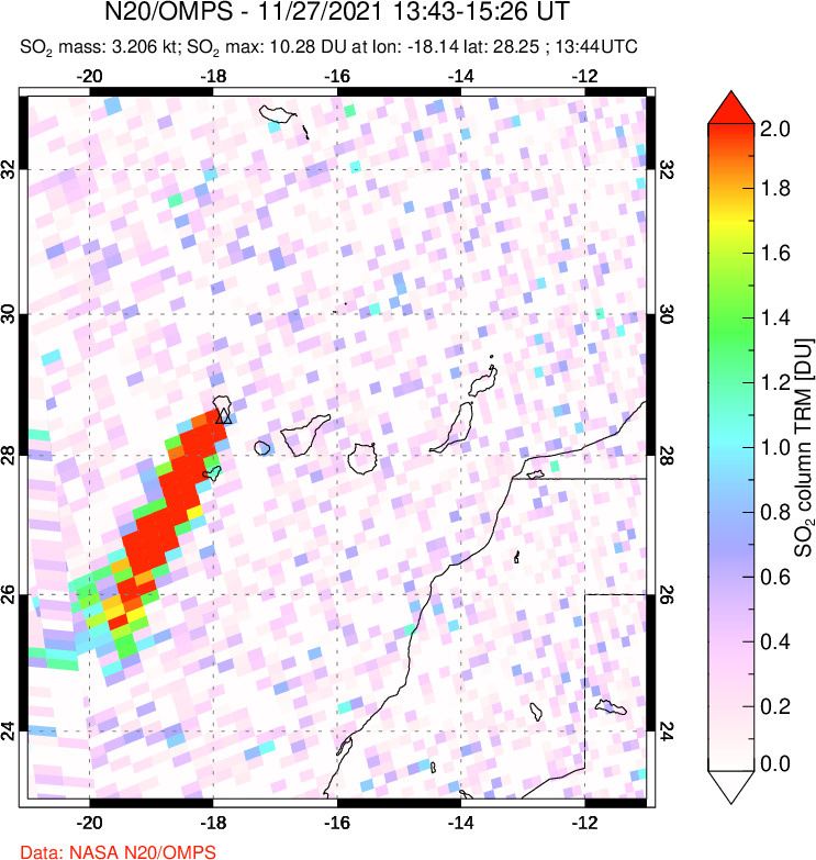 A sulfur dioxide image over Canary Islands on Nov 27, 2021.