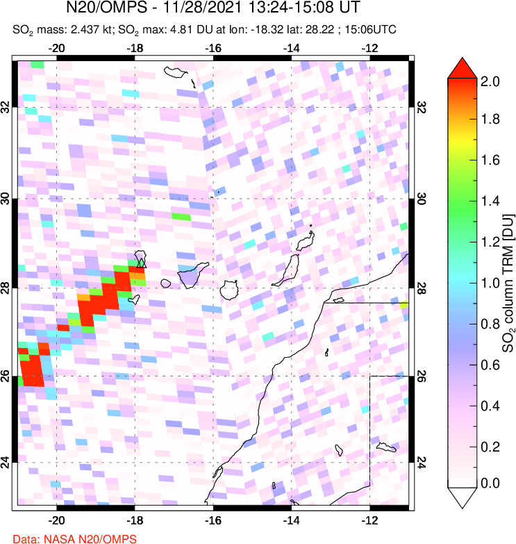 A sulfur dioxide image over Canary Islands on Nov 28, 2021.