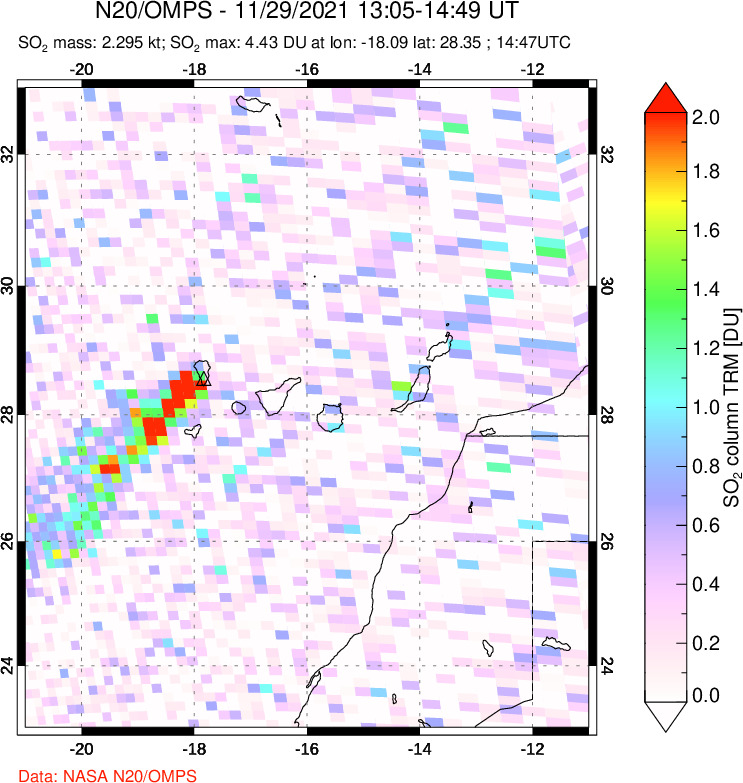 A sulfur dioxide image over Canary Islands on Nov 29, 2021.