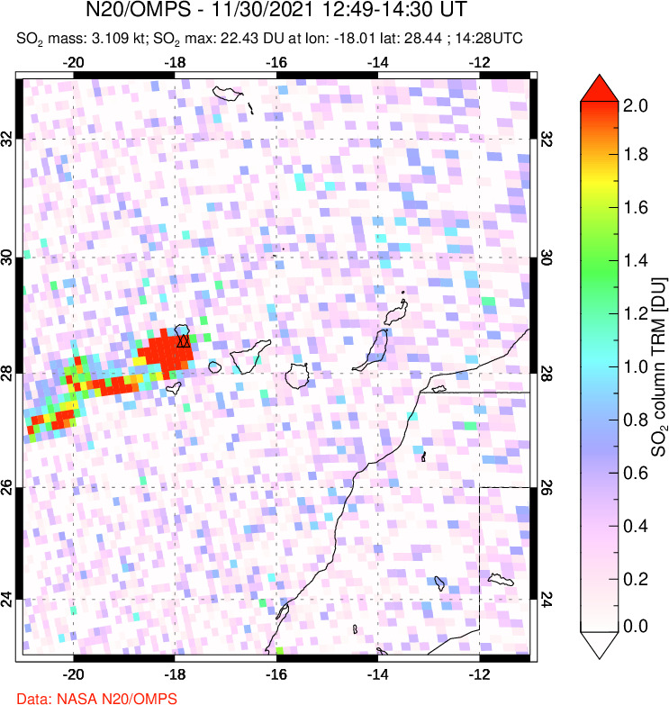 A sulfur dioxide image over Canary Islands on Nov 30, 2021.