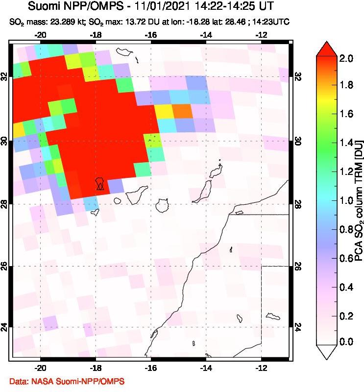 A sulfur dioxide image over Canary Islands on Nov 01, 2021.