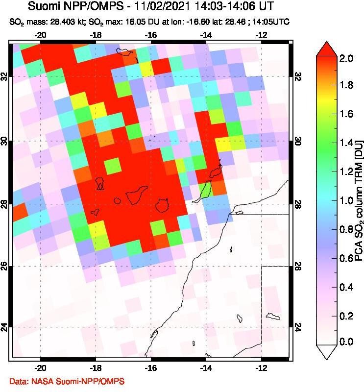 A sulfur dioxide image over Canary Islands on Nov 02, 2021.