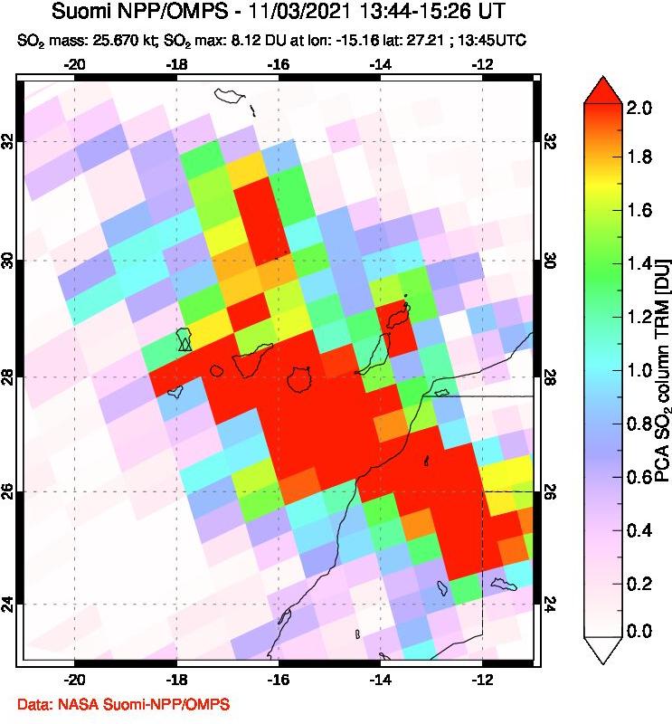 A sulfur dioxide image over Canary Islands on Nov 03, 2021.