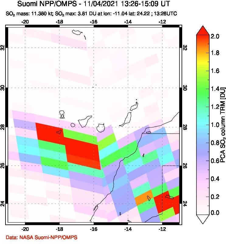 A sulfur dioxide image over Canary Islands on Nov 04, 2021.