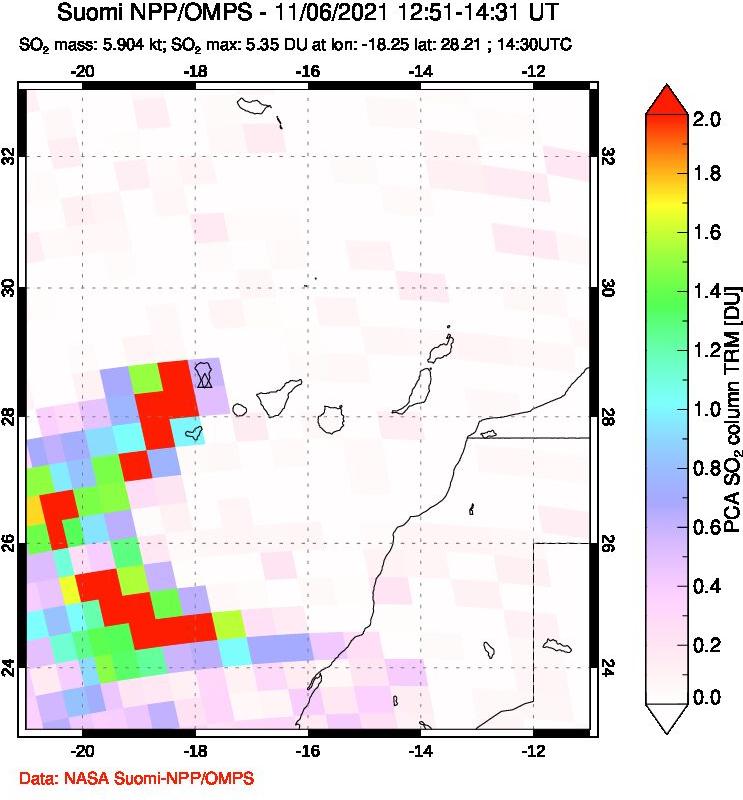 A sulfur dioxide image over Canary Islands on Nov 06, 2021.