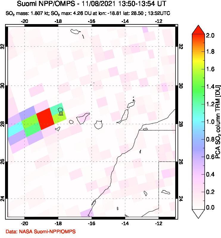 A sulfur dioxide image over Canary Islands on Nov 08, 2021.