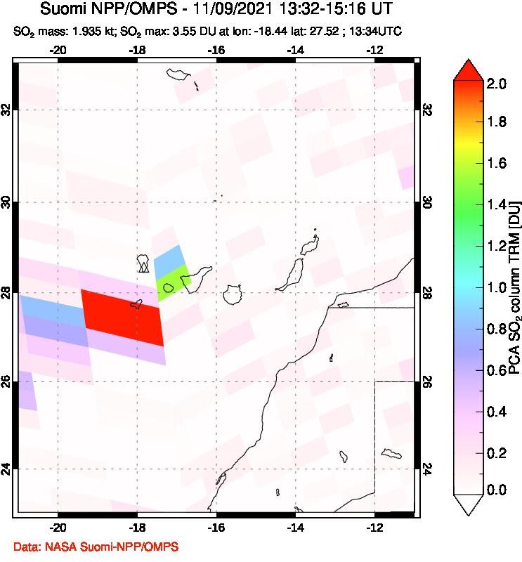 A sulfur dioxide image over Canary Islands on Nov 09, 2021.