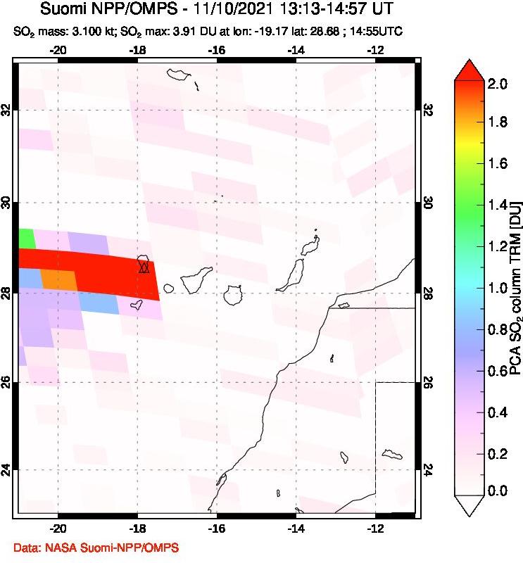 A sulfur dioxide image over Canary Islands on Nov 10, 2021.