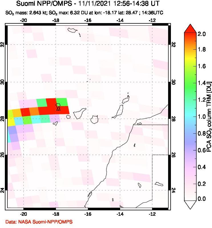 A sulfur dioxide image over Canary Islands on Nov 11, 2021.