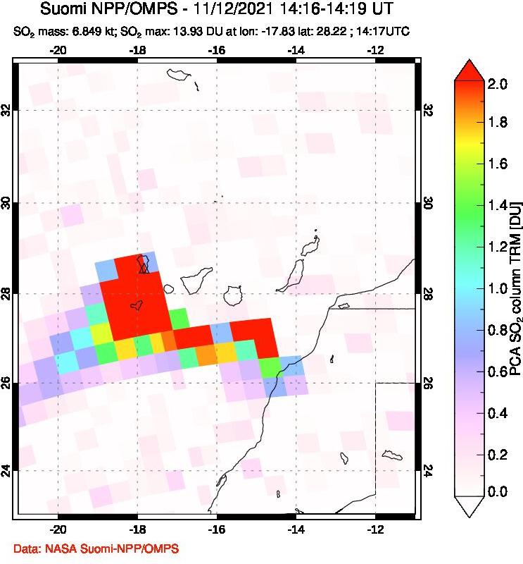 A sulfur dioxide image over Canary Islands on Nov 12, 2021.