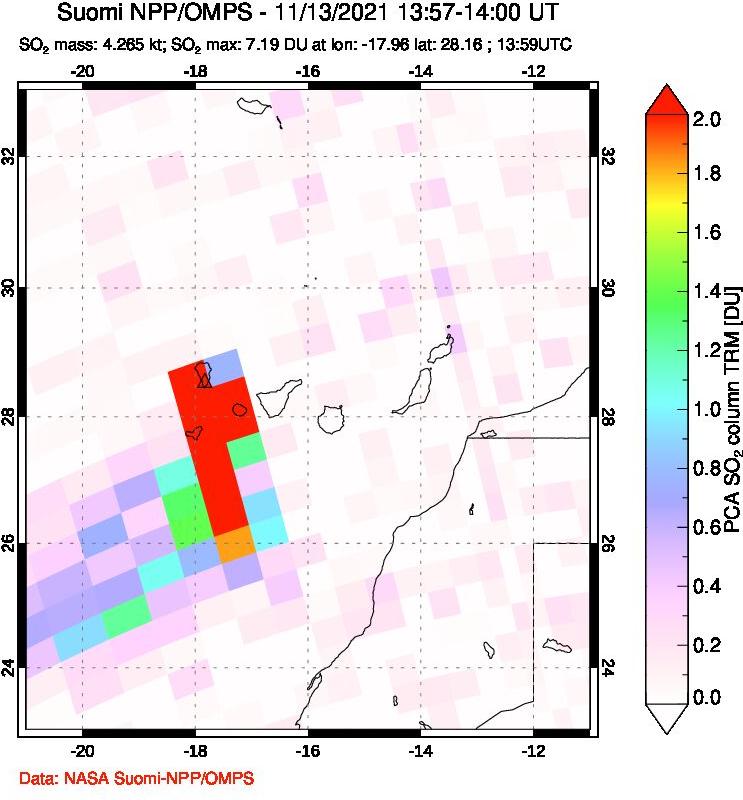 A sulfur dioxide image over Canary Islands on Nov 13, 2021.