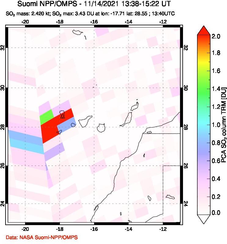 A sulfur dioxide image over Canary Islands on Nov 14, 2021.