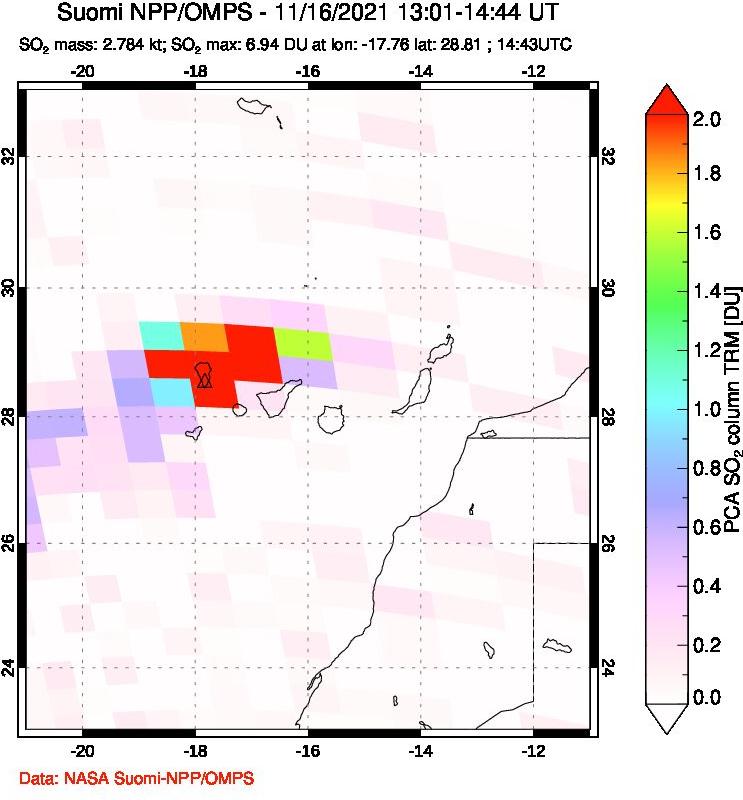 A sulfur dioxide image over Canary Islands on Nov 16, 2021.