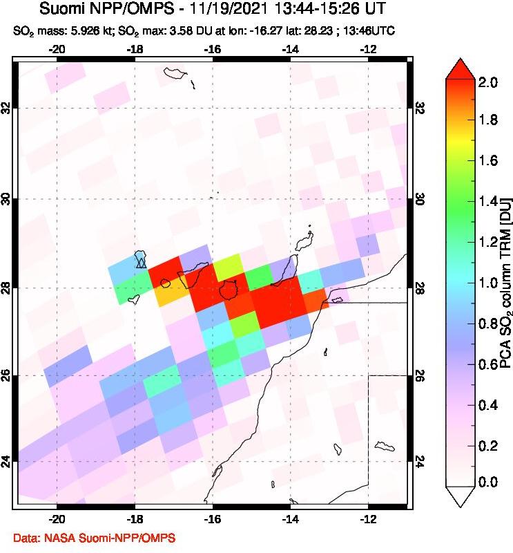 A sulfur dioxide image over Canary Islands on Nov 19, 2021.