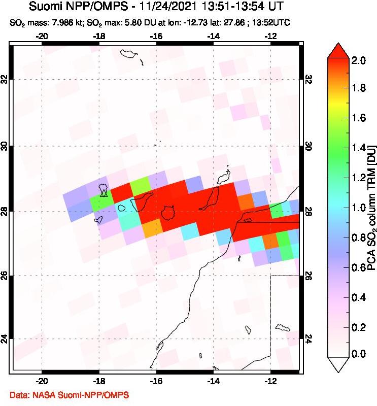 A sulfur dioxide image over Canary Islands on Nov 24, 2021.