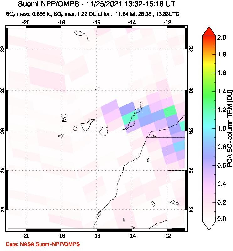 A sulfur dioxide image over Canary Islands on Nov 25, 2021.