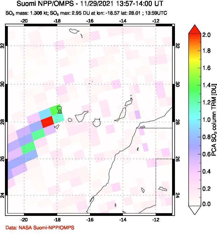 A sulfur dioxide image over Canary Islands on Nov 29, 2021.