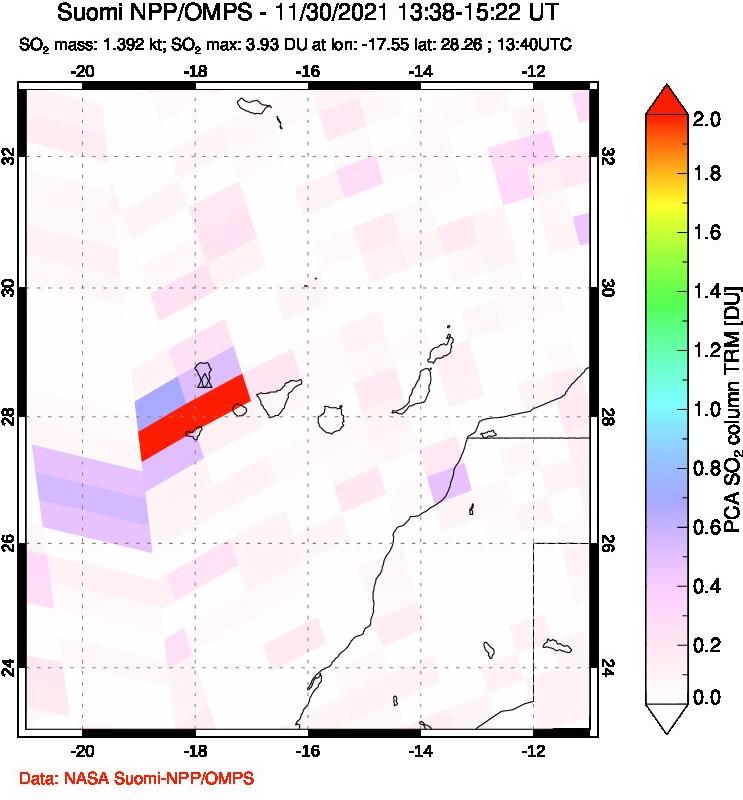 A sulfur dioxide image over Canary Islands on Nov 30, 2021.