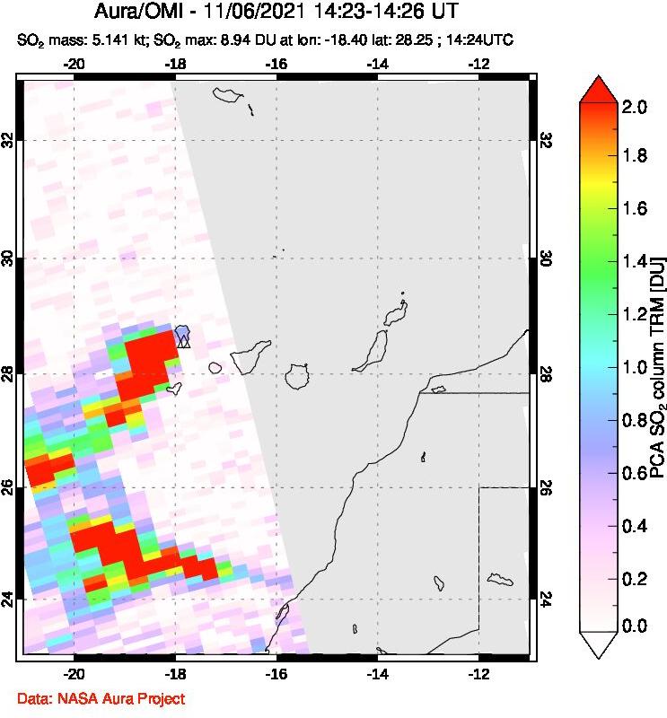 A sulfur dioxide image over Canary Islands on Nov 06, 2021.
