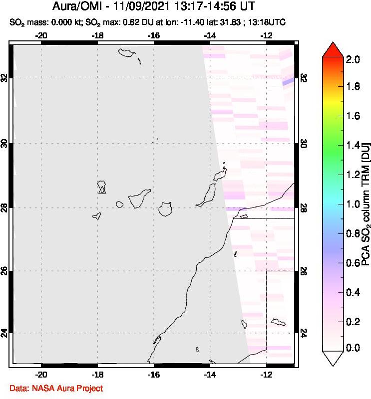 A sulfur dioxide image over Canary Islands on Nov 09, 2021.