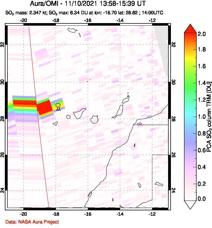 A sulfur dioxide image over Canary Islands on Nov 10, 2021.