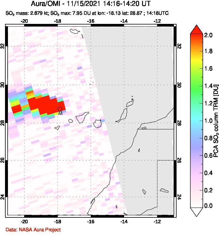 A sulfur dioxide image over Canary Islands on Nov 15, 2021.
