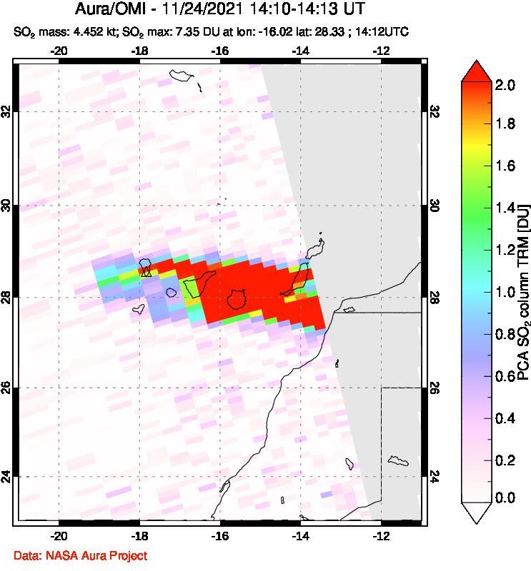 A sulfur dioxide image over Canary Islands on Nov 24, 2021.