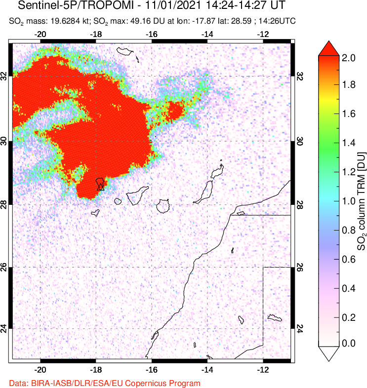 A sulfur dioxide image over Canary Islands on Nov 01, 2021.