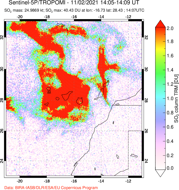 A sulfur dioxide image over Canary Islands on Nov 02, 2021.