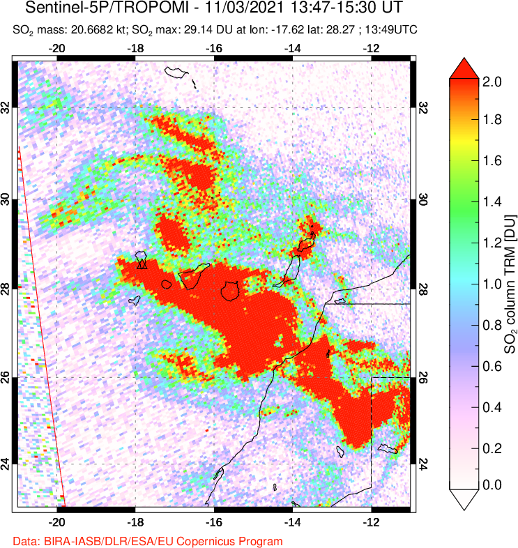 A sulfur dioxide image over Canary Islands on Nov 03, 2021.