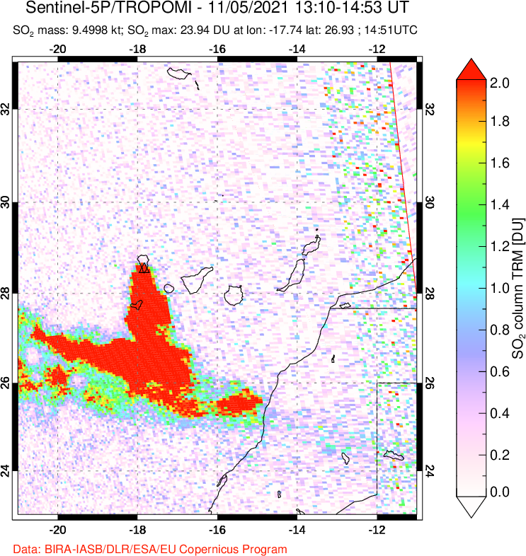 A sulfur dioxide image over Canary Islands on Nov 05, 2021.