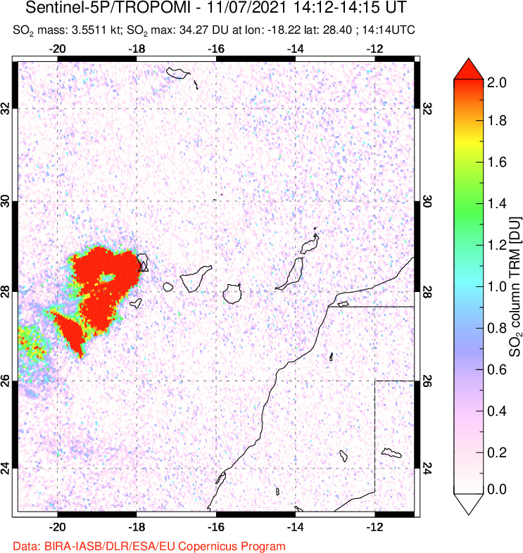 A sulfur dioxide image over Canary Islands on Nov 07, 2021.
