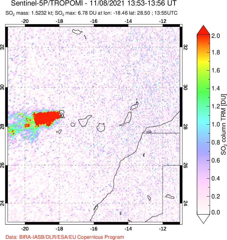 A sulfur dioxide image over Canary Islands on Nov 08, 2021.
