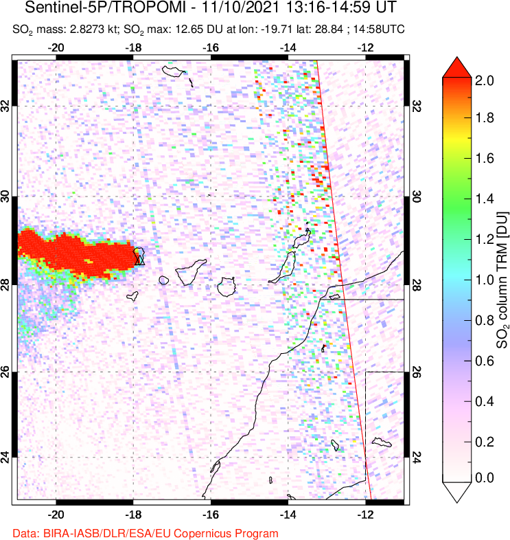 A sulfur dioxide image over Canary Islands on Nov 10, 2021.