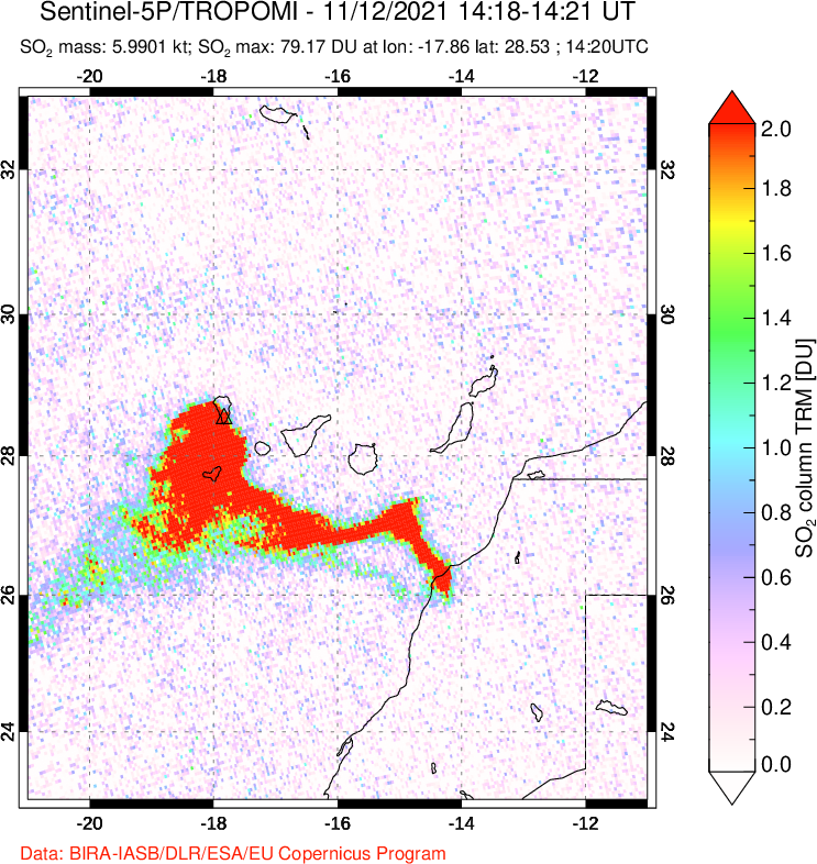 A sulfur dioxide image over Canary Islands on Nov 12, 2021.