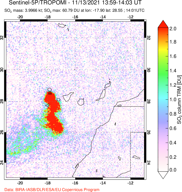 A sulfur dioxide image over Canary Islands on Nov 13, 2021.