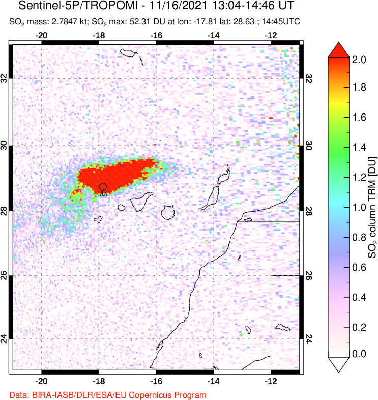 A sulfur dioxide image over Canary Islands on Nov 16, 2021.