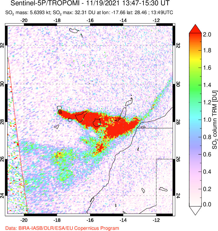 A sulfur dioxide image over Canary Islands on Nov 19, 2021.
