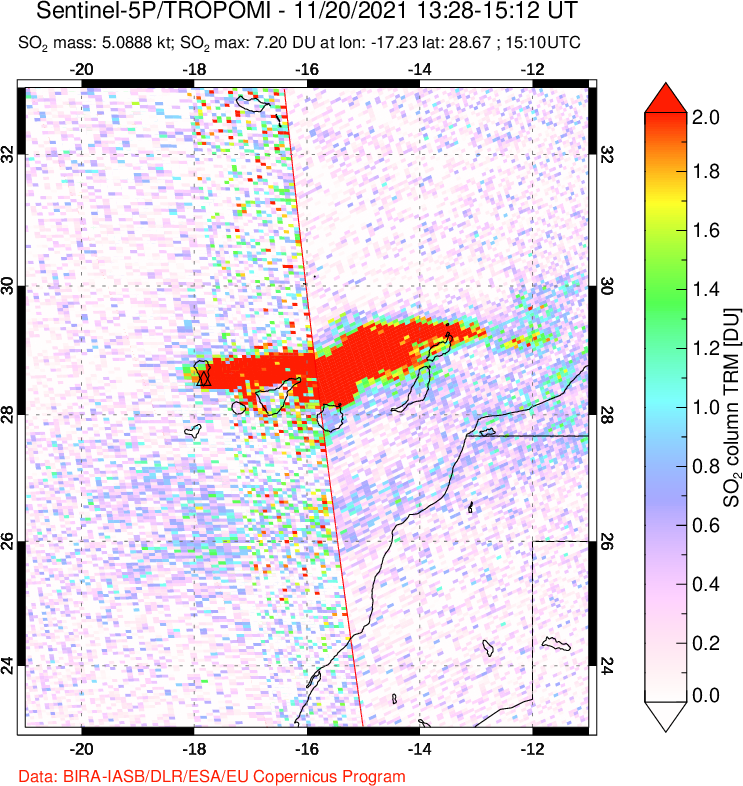 A sulfur dioxide image over Canary Islands on Nov 20, 2021.