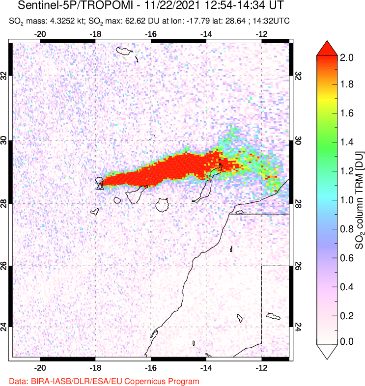 A sulfur dioxide image over Canary Islands on Nov 22, 2021.