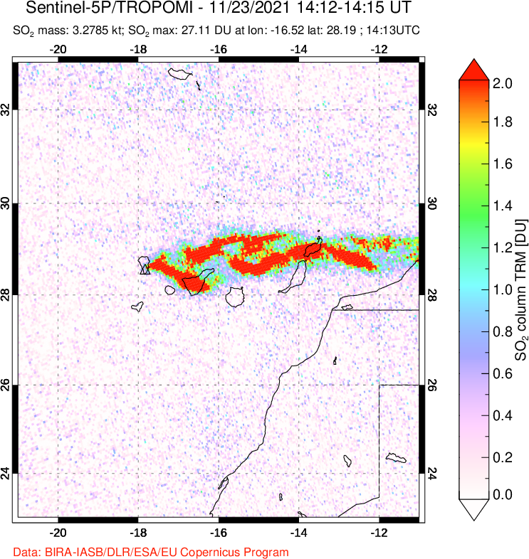 A sulfur dioxide image over Canary Islands on Nov 23, 2021.